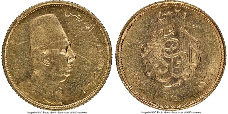 Fuad I gold 20 Piastres AH 1341 (1923) MS62 NGC, British Royal mint, KM339. A ne...
