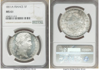 Napoleon 5 Francs 1811-A MS61 NGC, Paris mint, KM694.1. Icy and highly lustrous, with an even scattering of friction accounting for the assigned grade...