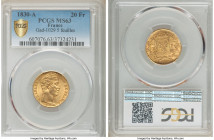 Charles X gold 20 Francs 1830-A MS63 PCGS, Paris mint, KM726.1, Gad-1029. 5 Feuilles. A choice survivor with pleasing, satiny golden luster.

HID098...