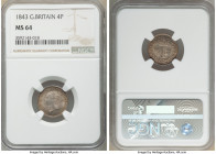 Victoria 4 Pence 1843 MS64 NGC, KM732. A near-gem offering imbued with sweeping mint luster illuminating even gunmetal surfaces tinged with autumnal h...