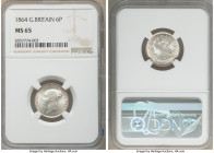 Victoria 6 Pence 1864 MS65 NGC, KM733.2, S-3909. Frosty and sharp, with full cartwheel luster. Ghosting of Victoria's bust is noted to the reverse.
...