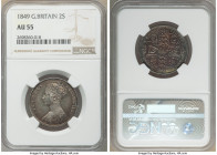 Victoria "Godless" Florin 1849 AU55 NGC, KM745, S-3890. An enthralling example of this popular Gothic type, boasting only scant instances of circulati...