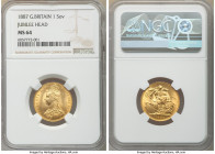 Victoria gold "Jubilee Head" Sovereign 1887 MS64 NGC, KM767, S-3866. Vibrantly sun-gold in color and demonstrating only trivial wisps of handling. 
...