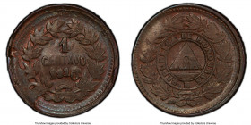 Republic Mule Centavo 1910/1885 MS63 Brown PCGS, KM66. A visually interesting example attesting to the issues faces by the Tegucigalpa mint, as exhibi...