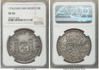 Ferdinand VI 8 Reales 1756/5 Mo-MM XF45 NGC, Mexico City mint, KM104.2. Soft accenting tones embrace the devices, contrasting against gleaming residua...