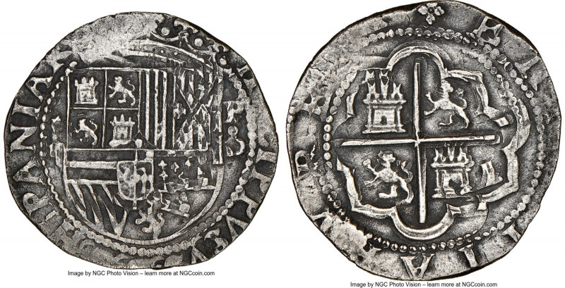 Philip II Cob 2 Reales ND (1577-1588) P-D XF Details (Corrosion) NGC, Lima mint,...