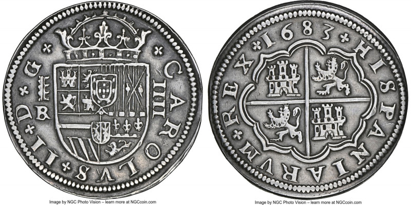 Charles II 4 Reales 1683 Aqueduct-BR XF40 NGC, Segovia mint, KM200, Cal-558. 3 A...