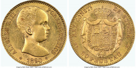 Alfonso XIII gold 20 Pesetas 1890(90) MP-M MS63 NGC, Madrid mint, KM693. A choice selection demonstrating a sharp strike and shimmering radiance. 

...