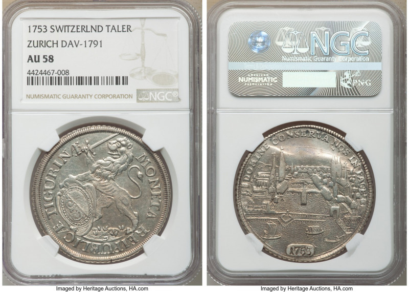 Zurich. Canton "City View" Taler 1753 AU58 NGC, KM143.4, Dav-1791. Gently circul...