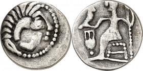 DONAUKELTEN / OSTKELTEN. 
Typ Alexander III. von Makedonien. 
Drachme 2,52g. Kopf mit Haar in 9 Stähnen n.r. / "Zeus aetophoros" thront n.l.; l. Amp...