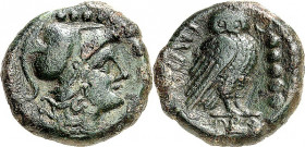 ITALIEN. 
APULIEN. 
TEATE (Chieti). AE-Quincunx (26mm) (um 217 v.Chr.) 15,40g. Drapierte Büste der Minerva mit Helm n.r. / TIATI Eule steht auf Säul...