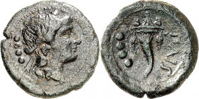 ITALIEN. 
LUKANIEN. 
POSEIDONIA / PAISTON / PAESTUM. AE-Trias / Triens (268/89 v.Chr.) 5,51g. Kopf des Dionysos mit Efeukranz n.r.; dahinter 4 Wertp...