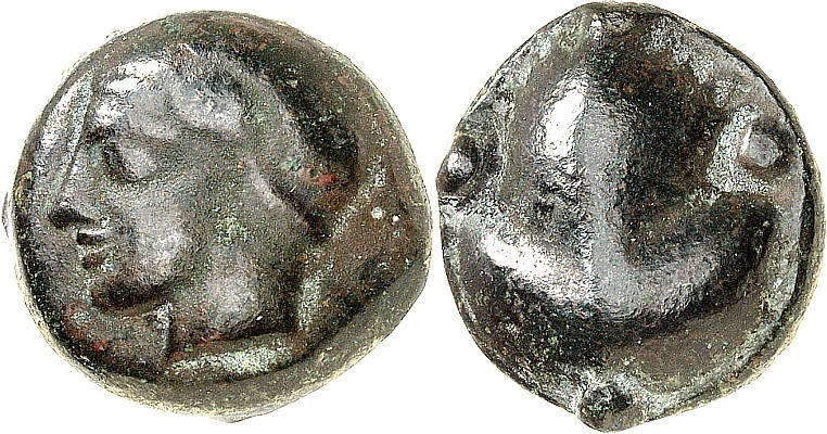 SIZILIEN. 
SELINUS. 
Guss-AE-Tetras (450/425 v.Chr.) 8,68g. Jugendlicher Kopf ...