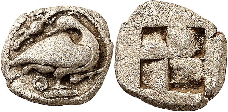 MAKEDONIEN. 
EION. 
Diobol ca. 500 -437 v.Chr. 1,00g. Gans steht n.r., Kopf n....