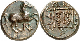 THRAKIEN.
STÄDTE.
MARONEIA (b. Maronia). AE-16mm (400/350 v.Chr.) 3,18g. Pferd läuft n.r.; darunter Monogramm / MAP- WNI-T WN Im Fadenquadrat: Weins...