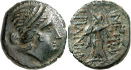 THRAKIEN. 
STÄDTE. 
MESEMBRIA (Nesebar). AE-Tetrachalkon 20/21mm (200/100 v.Chr.) 6,20g. Weibl. Kopf m.Diadem n.r. / MESAM-BRIANWN Athena promachos ...