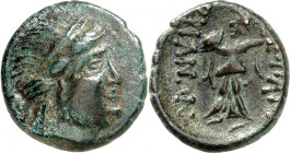 THRAKIEN. 
STÄDTE. 
MESEMBRIA (Nesebar). AE-Tetrachalkon 17/18mm (200/100 v.Chr.) 4,28g. Weibl. Kopf m.Diadem n.r. / MESAM-BRIANWN Athena promachos ...