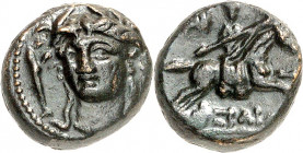 THESSALIEN. 
PHERAI (bei Velestino). AE-Dichalkon 14mm (353-352 v.Chr. oder später) 4,21g. Kopf der Enhodia Pheraia mit Myrtenkranz und Fackel dreivi...