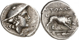 AITOLIEN. 
AITOLISCHE LIGA. Drachme (um 155 v.Chr.) 2,39g. Kopf der Atalante mit Kausia n.r. / AITWLWN Eber steht n.r.; darunter Monogramm für EY(.),...