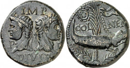 GALLIEN. 
NEMAUSUS. 
Augustus und Agrippa. AE-As 27/25mm (10/14) 12,26g. Köpfe v. Augustus, m. Eichenkr., u. Agrippa, m. Schiffskrone, gegenständig ...