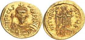 BYZANZ. 
FOCAS 602-610. Solidus (603/607) 4,48g, Konstantinopel, 5. Off. Paludamentbüste, mit Kreuzkrone, ohne Pendilien, und Kreuzglobus, v.v. D N F...