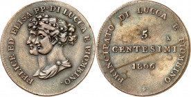ITALIEN. 
LUCCA. 
Elisa Bonaparte & Felix Bacciocchi 1805-1814. Cu- 5 Centesimi 1806 Beide Büsten n.l. / Wert. KM&nbsp; 22. . 

ss+