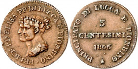 ITALIEN. 
LUCCA. 
Elisa Bonaparte & Felix Bacciocchi 1805-1814. Cu- 3 Centesimi 1806 Beide Büsten n.l. / Wert. KM&nbsp; 21. . 

l. Rf., ss+