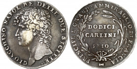 ITALIEN. 
NEAPEL & SIZILIEN. 
Joachim Murat 1808-1815. 12 Carlini 1810 Kopf n.l./ 3 Z. Wert. KM 250, Dv. 166. . 

Patina, ss