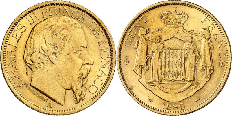 MONACO. 
Karl III. 1856-1889. GOLD 100 Franken 1886 Kopf r./ Wappenmantel. F. 1...