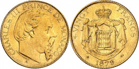 MONACO. 
Karl III. 1856-1889. GOLD Vingt (20) Francs 1879. F. 12, Schl. 6, Gad. MC 120. . 

vz