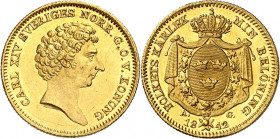 SCHWEDEN. 
KÖNIGREICH. 
Karl XIV. Johann 1818-1844. GOLD Dukat 1842 Kopf n.r. / Gekr. Wappen in Ordenskette. AAH&nbsp; 37, Fr. 87, Schlumb. 66. . 
...