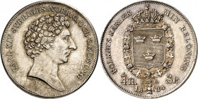SCHWEDEN. 
KÖNIGREICH. 
Karl XIV. Johann 1818-1844. 1/4 Riksdaler Specie 1834 Kopf n.r. / Gekr. Wappen in Ordenskette. AAH&nbsp; 82a. . 

vz-