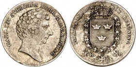 SCHWEDEN. 
KÖNIGREICH. 
Karl XIV. Johann 1818-1844. 1/16 Riksdaler Specie 1832 Kopf n.r. / Gekr. Wappen in Ordenskette. AAH&nbsp; 95, KM&nbsp; 644. ...