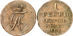 Anhalt/-Bernburg. 
Alexius Friedrich Christian (1796-)1806-1834. Cu- Pfennig 1808 Monogramm. AKS 10, J. 48b. R. 

ss