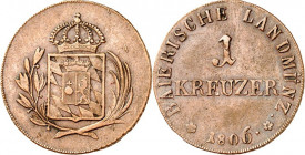 Bayern. 
Maximilian I. Joseph (1799-)1806-1825. Cu-Kreuzer 1806 für Tirol. AKS 54, J. 1. . 

ss