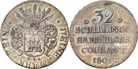 Hamburg, Stadt. 
32 Schilling "1809" (1813) H.S.K. AKS 13, J. 39a, Gaed. 656. . 

feine bläuliche Patina, vz