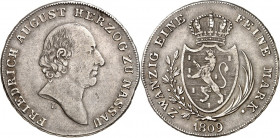 Nassau. 
Friedrich August zu Usingen (1803-)1806-1816. 1/2 Konv.-Taler 1809. AKS 26, J. 16. . 

ss