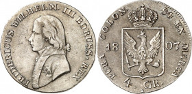 Preussen. 
Friedrich Wilhelm III. (1797-)1806-1840. 4 Groschen 1807 A, Berlin, dazu Gröschel 1807A, (2). AKS 23,36, J. 27,16, Neum. 8. . 

ss,s