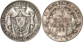 Reuss, ältere Linie (Obergreiz). 
Heinrich XIII. (1800-)1806-1817. 1/3 Taler = 1/4 Konv.-Taler 1809. AKS 4, J. 37, Th. 277. . 

ss