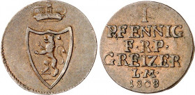 Reuss, ältere Linie (Obergreiz). 
Heinrich XIII. (1800-)1806-1817. Cu-1&nbsp;Pfennig 1808. AKS 8, J. 32. . 

ss