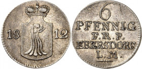 Reuss, jüngere Linie Lobenstein-Ebersdorf. 
Heinrich LI. (1779-)1806-1822. 6 Pfennig 1812. AKS&nbsp; 51, J.&nbsp; 95. ex WAG 97/1134. 

prägebeding...