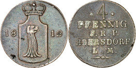Reuss, jüngere Linie Lobenstein-Ebersdorf. 
Heinrich LI. (1779-)1806-1822. Cu 4 Pfennig 1812. AKS&nbsp; 52, J.&nbsp; 94. . 

Schrf.,ss