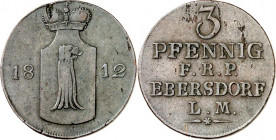 Reuss, jüngere Linie Lobenstein-Ebersdorf. 
Heinrich LI. (1779-)1806-1822. Cu 3 Pfennig 1812. AKS&nbsp; 53, J.&nbsp; 93. . 

Schrf.,ss
