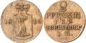 Reuss, jüngere Linie Lobenstein-Ebersdorf. 
Heinrich LI. (1779-)1806-1822. Cu 2 Pfennig 1812. AKS&nbsp; 54, J.&nbsp; 92. . 

ss