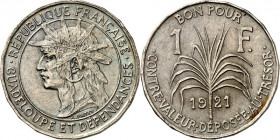 GUADELOUPE. 
1 Francs 1921 Cu-Ni. Gad./Cous.&nbsp; 43, K.-M.46. . 

vz-