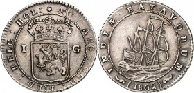 NIEDERLÄNDISCH INDIEN (Indonesien). 
Batavische Republik 1795-1806. Gulden 1802 Enkhuizen. Wappen / Dreimaster. Scholten&nbsp; 488b, KM&nbsp; 83. . ...