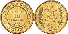 TUNESIEN. 
Französ. Protektorat 1881-1956. 10 Francs 1891. F. 13, Schlumb. 627. . 

GOLD vz