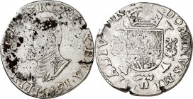 BELGIEN. 
BRABANT. 
Philipp II. 1555-1598. Philippsdaler 1591 Mmz. Hand, Antwerpen. Geharn. Brb. n.l.&nbsp;/ Gekr. Wappen auf Blumenkreuz. Delm.&nbs...