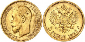 RUSSLAND. 
ZARENREICH. 
Nikolaus II. 1894-1917. 5 Rubel 1903 AP. Schlumb.&nbsp; 225, Fr.&nbsp; 162. . 

GOLD vz