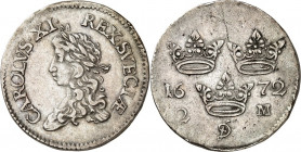 SCHWEDEN. 
KÖNIGREICH. 
Karl XI. 1660-1697. 2 Mark 1672 Belorb. Büste n.l. / 3 Kronen. AAH&nbsp; 124. . 

l.Kr.,ss+